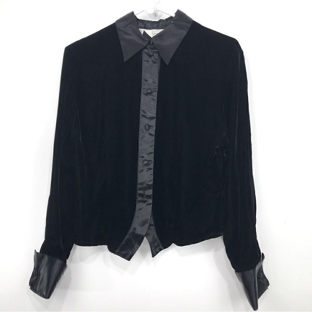 Ishyu Black Velvet Button Up Vintage Tuxedo Blazer Jacket Top